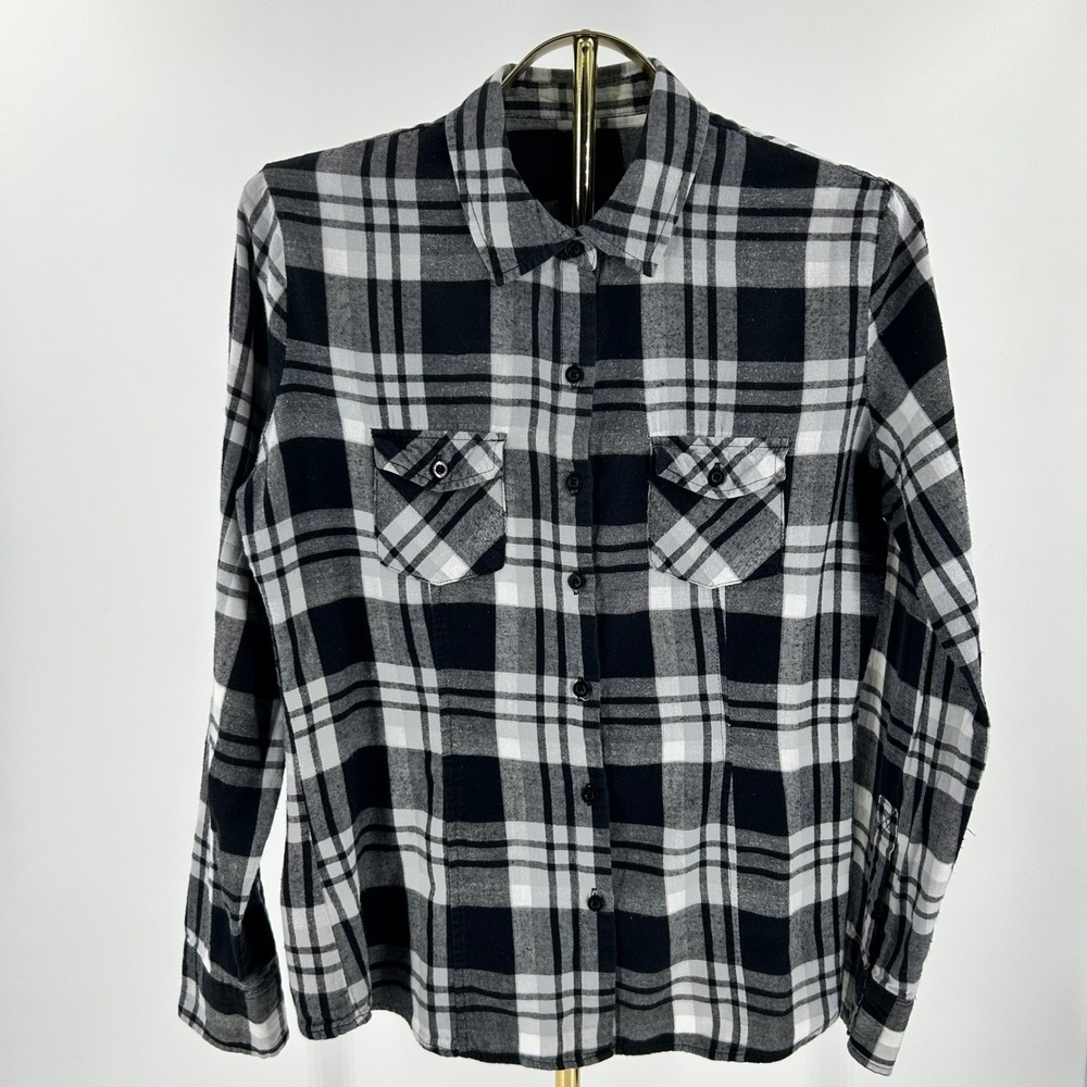 Black and White Plaid Flannel Button Down Shirt Women Large 100% Cotton